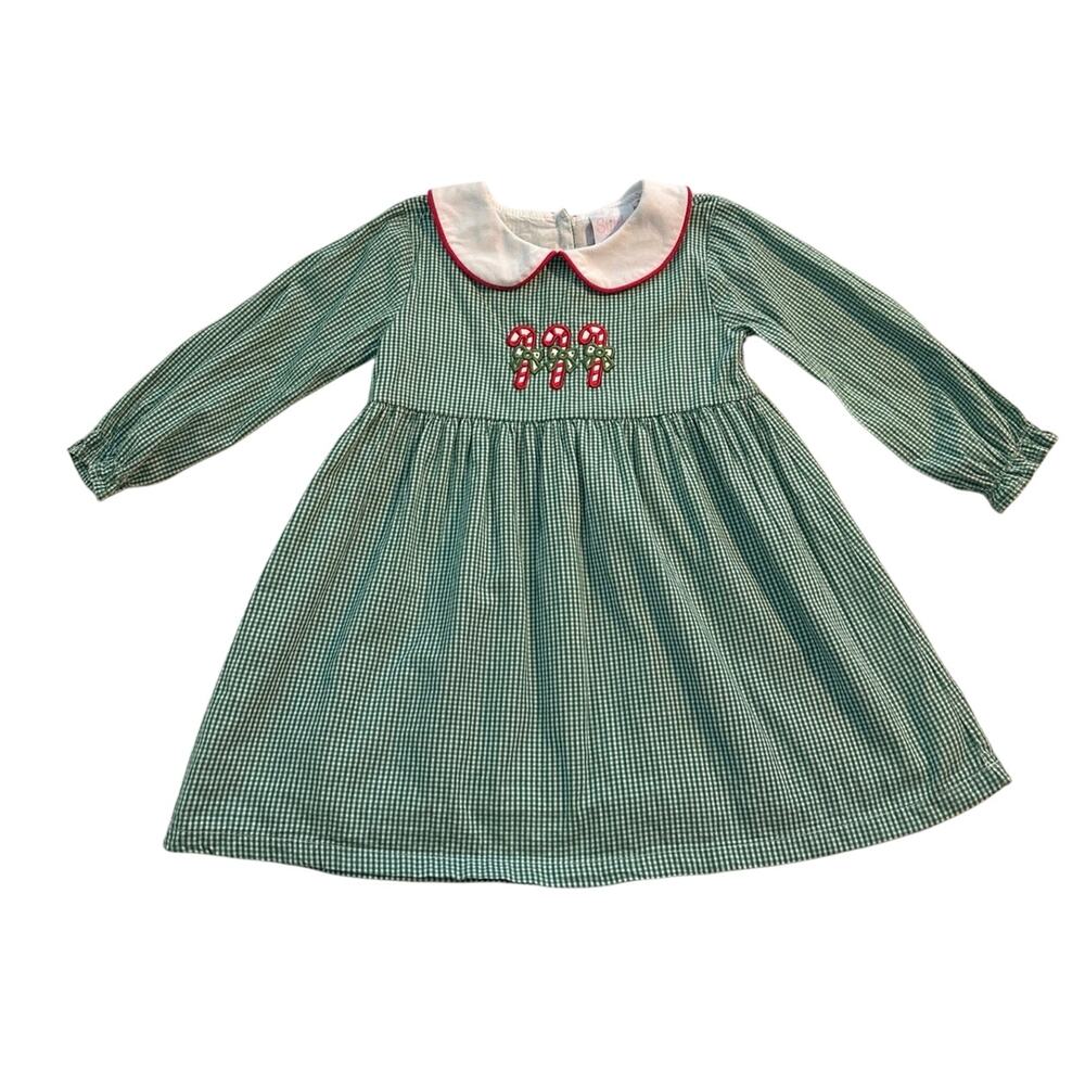 Stitchy Fish Size 3T Gingham Christmas Dress Candy Canes Embroidered Holiday